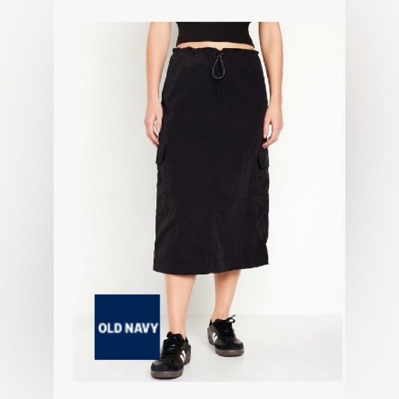Black Old Navy high waisted utility midi skirt quick dry drawstring waist - Picture 1 of 5